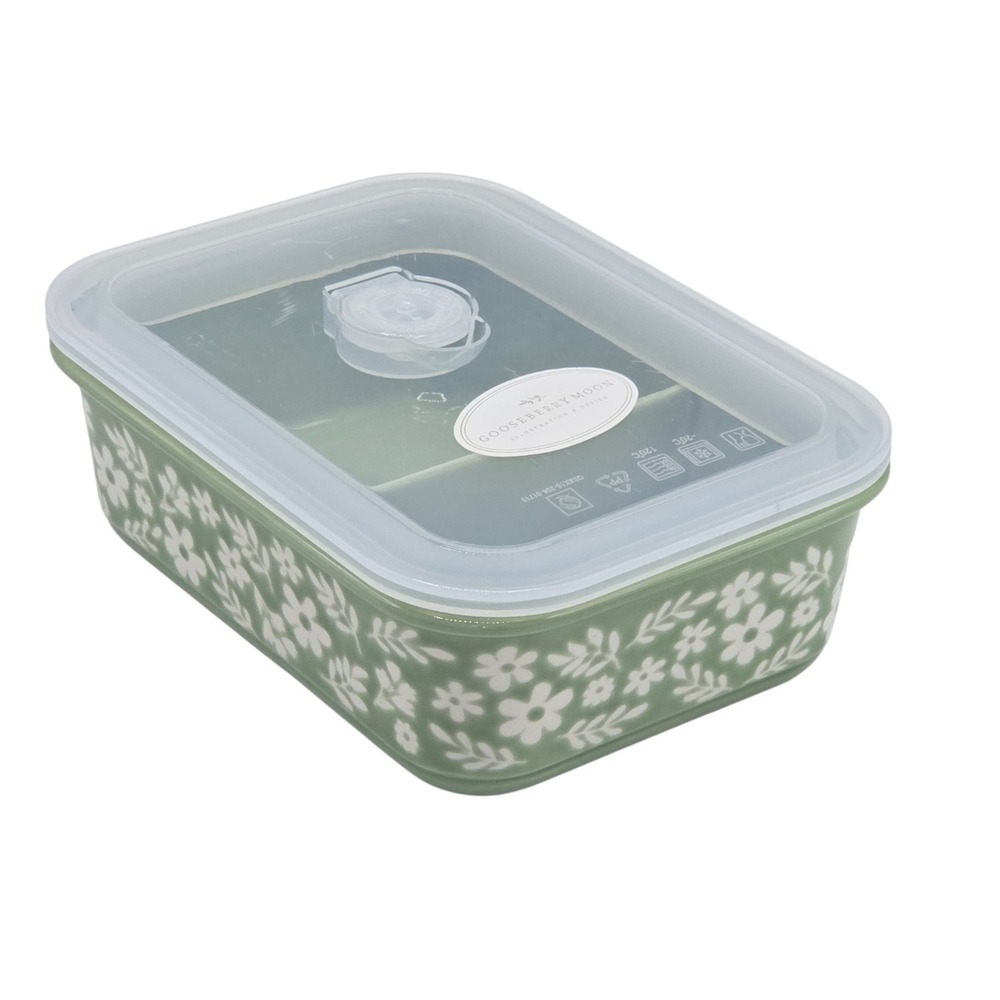 Gooseberry Moon Floral Green Rectangular Ceramic Food Storage Container with Lid